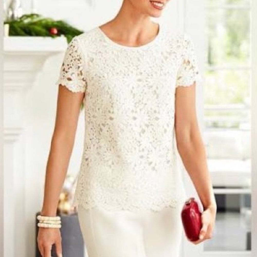 Talbots Cream Floral Lace Short Sleeve Blouse Size 10